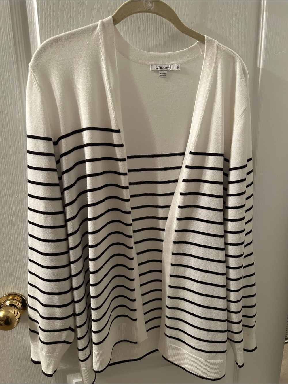 Chico's White Open-Front Cardigan with Black Stripes